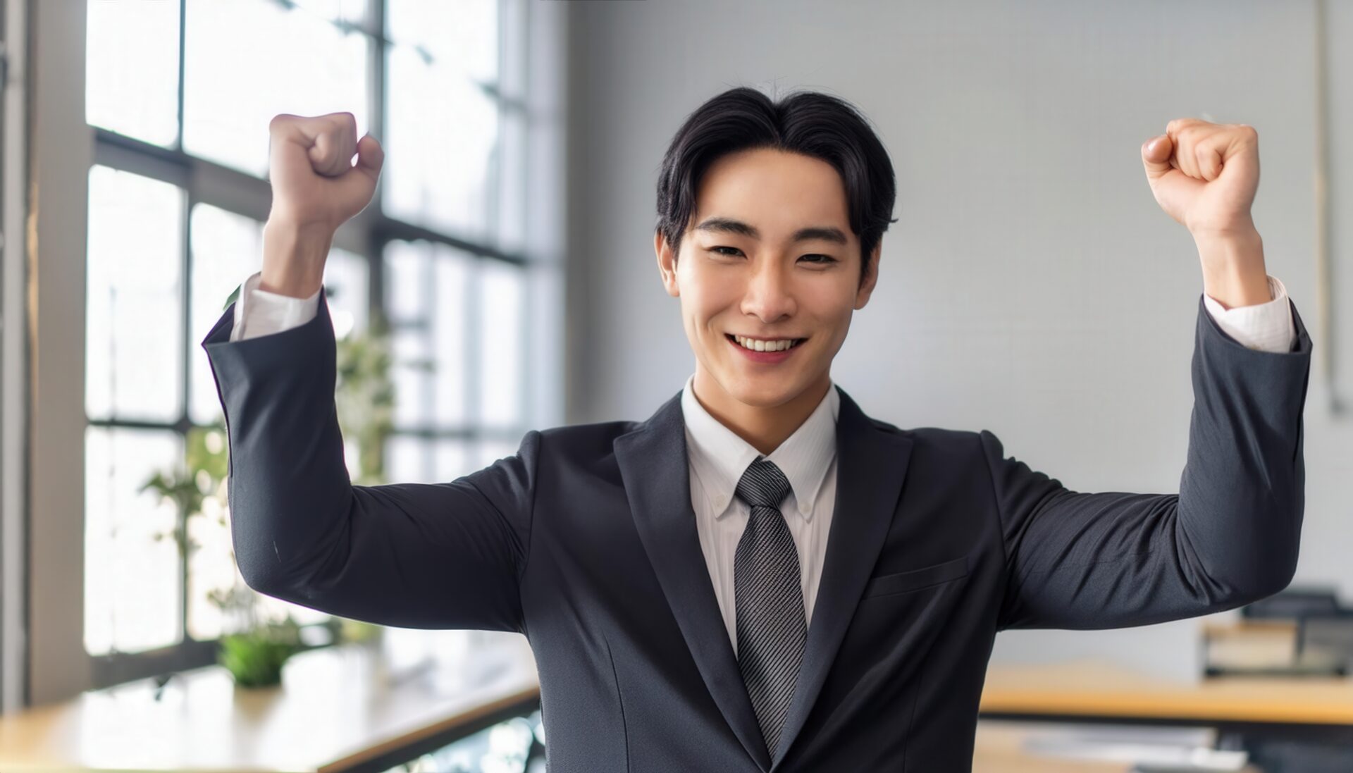 オフィスでガッツポーズをする若い男性（窓際の室内）