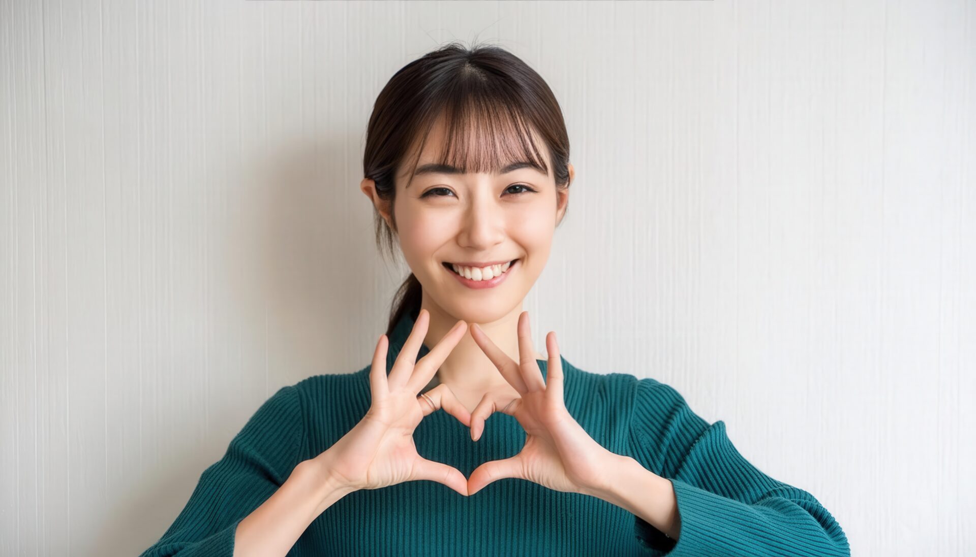 ハートマークを作る笑顔の若い女性（グリーントップス・ポニーテール）