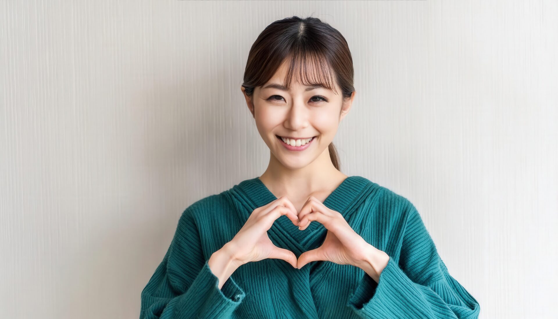 ハートマークを作る笑顔の若い女性（グリーントップス）