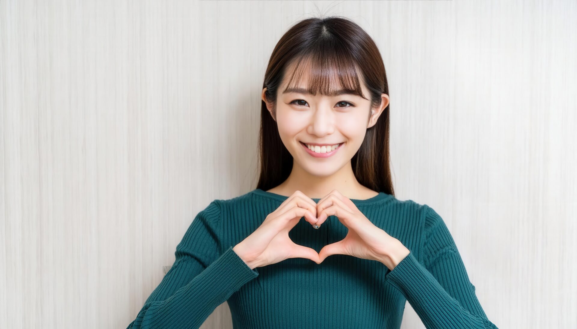ハートマークを作る笑顔の若い女性（グリーントップス・ロングヘア）