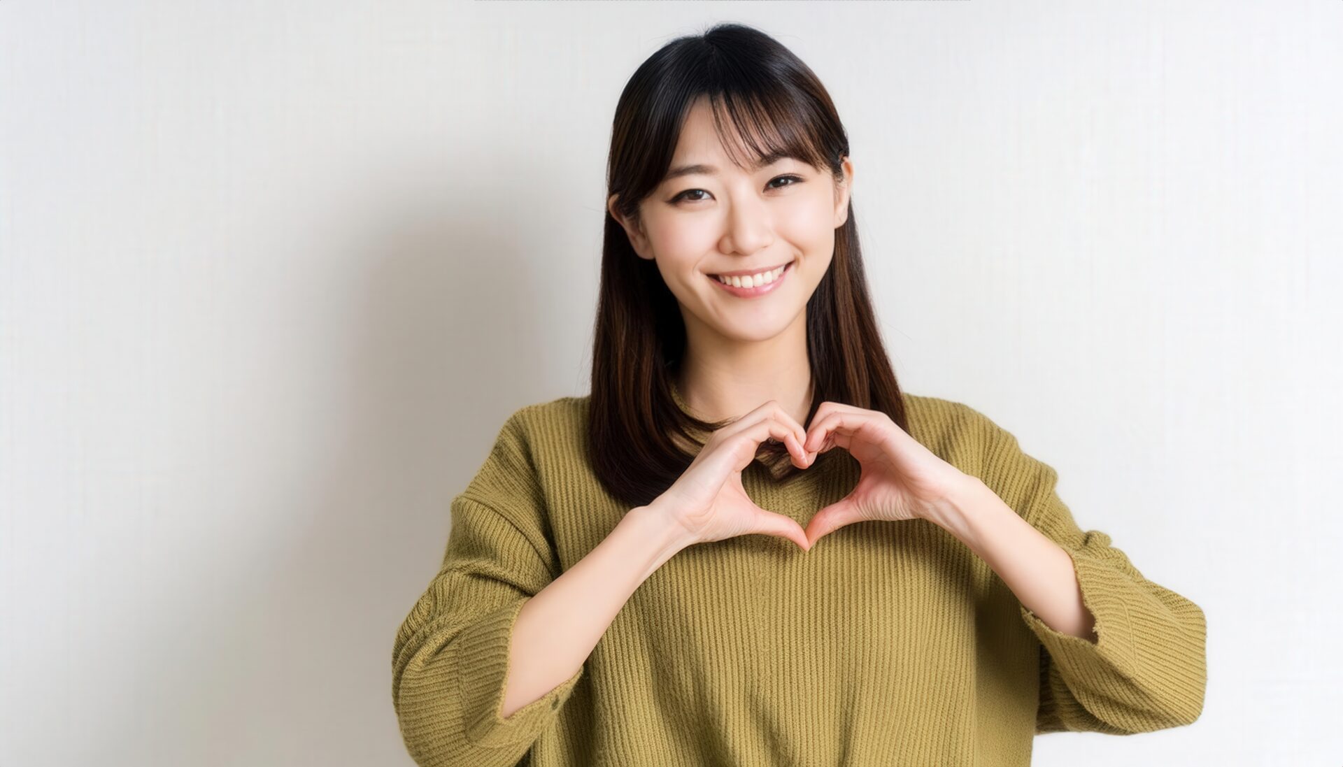 ハートマークを作る若い女性（グリーントップス・前髪あり）