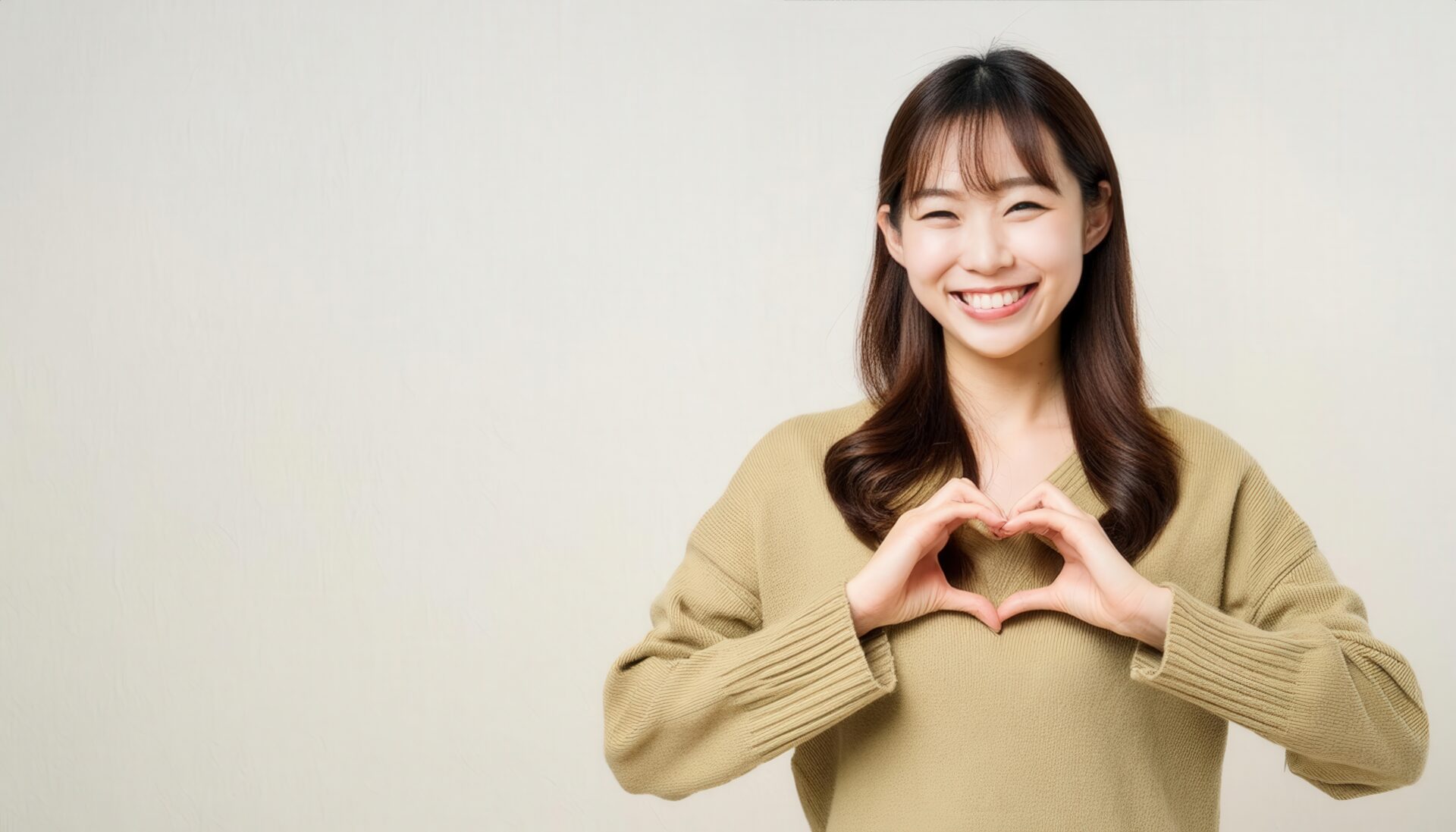 ハートマークを作る若い女性（ベージュ寄りのグリーントップス）