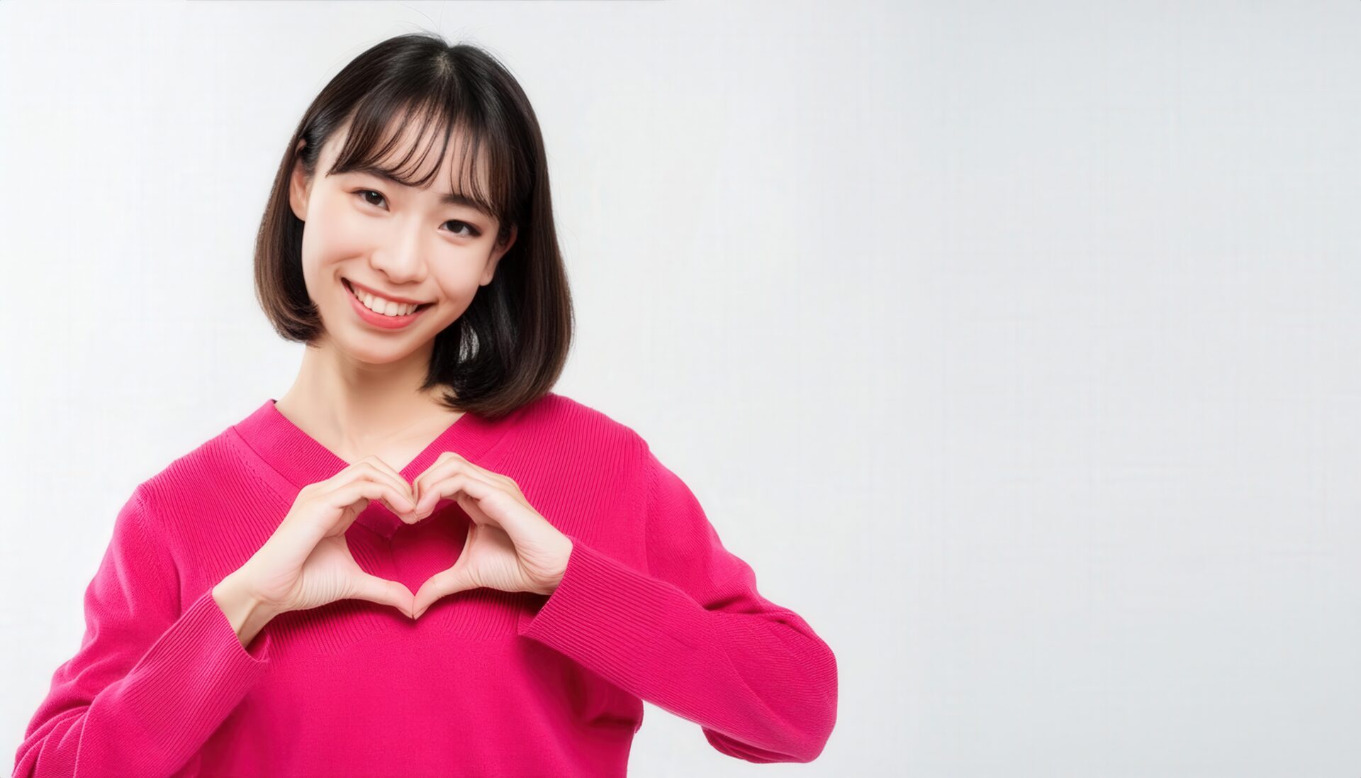 ハートマークを作る若い女性（ピンクトップス・ボブヘア）