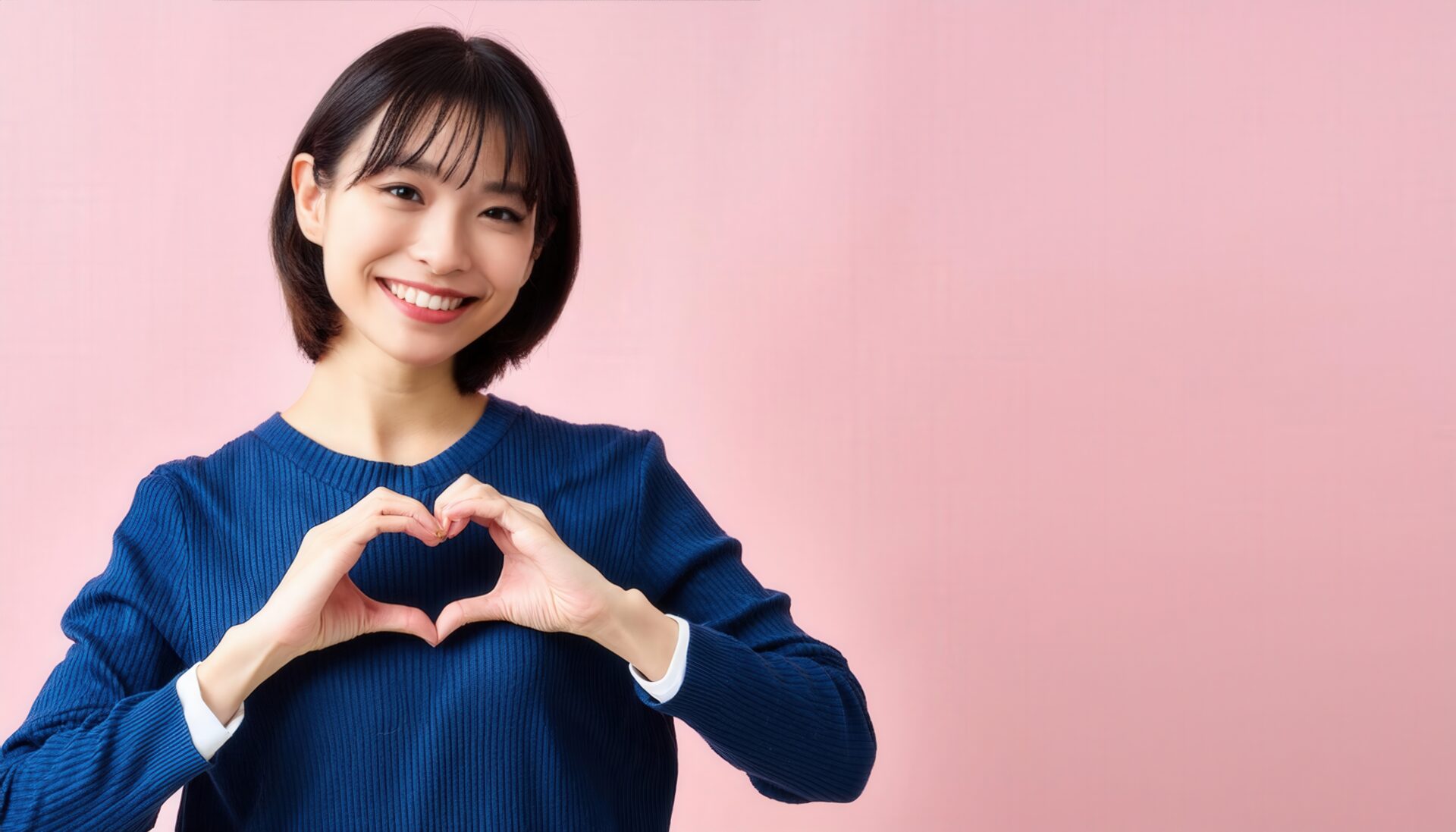ハートマークを作る若い女性（ネイビートップス・ピンク背景）
