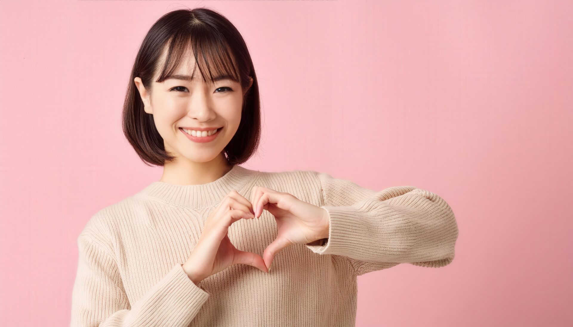 ピンク背景でハートマークを作る若い女性（ベージュトップス）