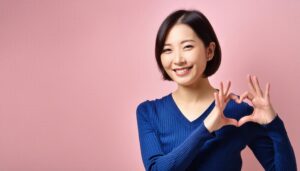 ピンク背景でハートマークを作る若い女性（ブルートップス）