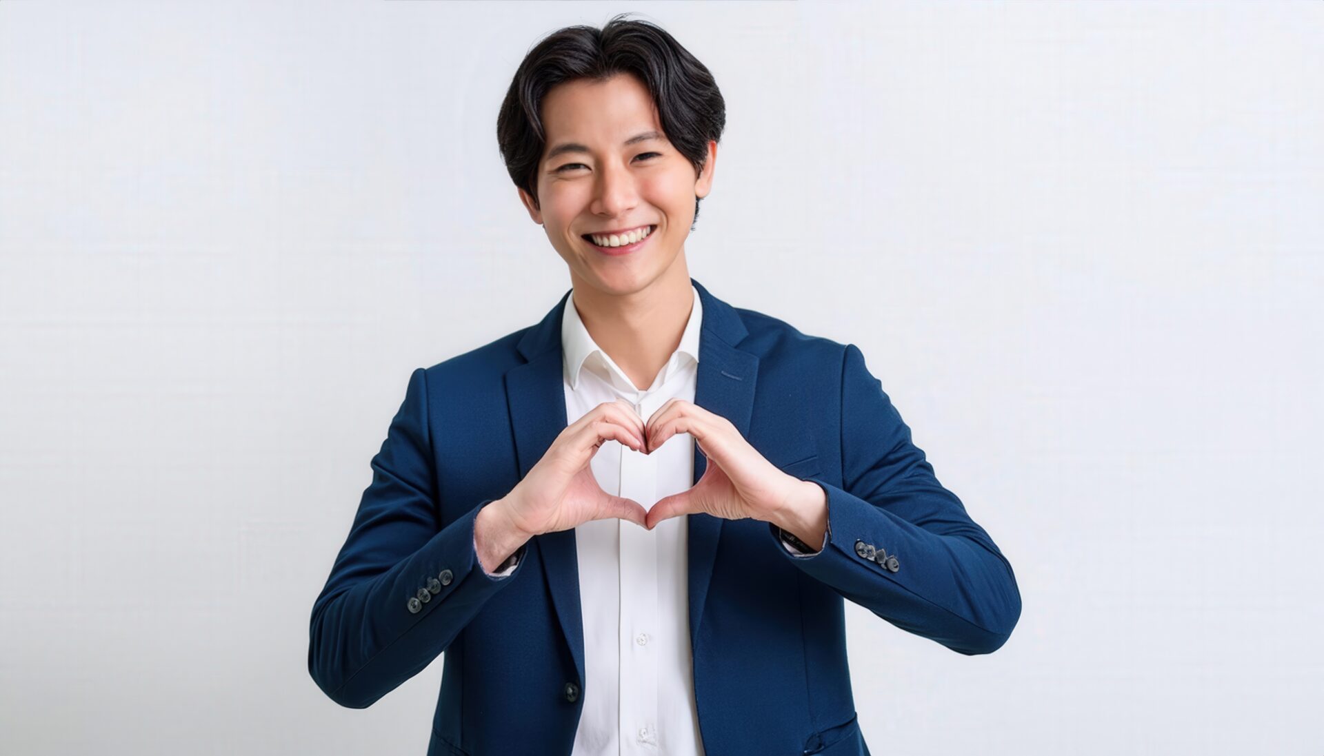 白背景でハートマークを作る若い男性（ネイビースーツ）