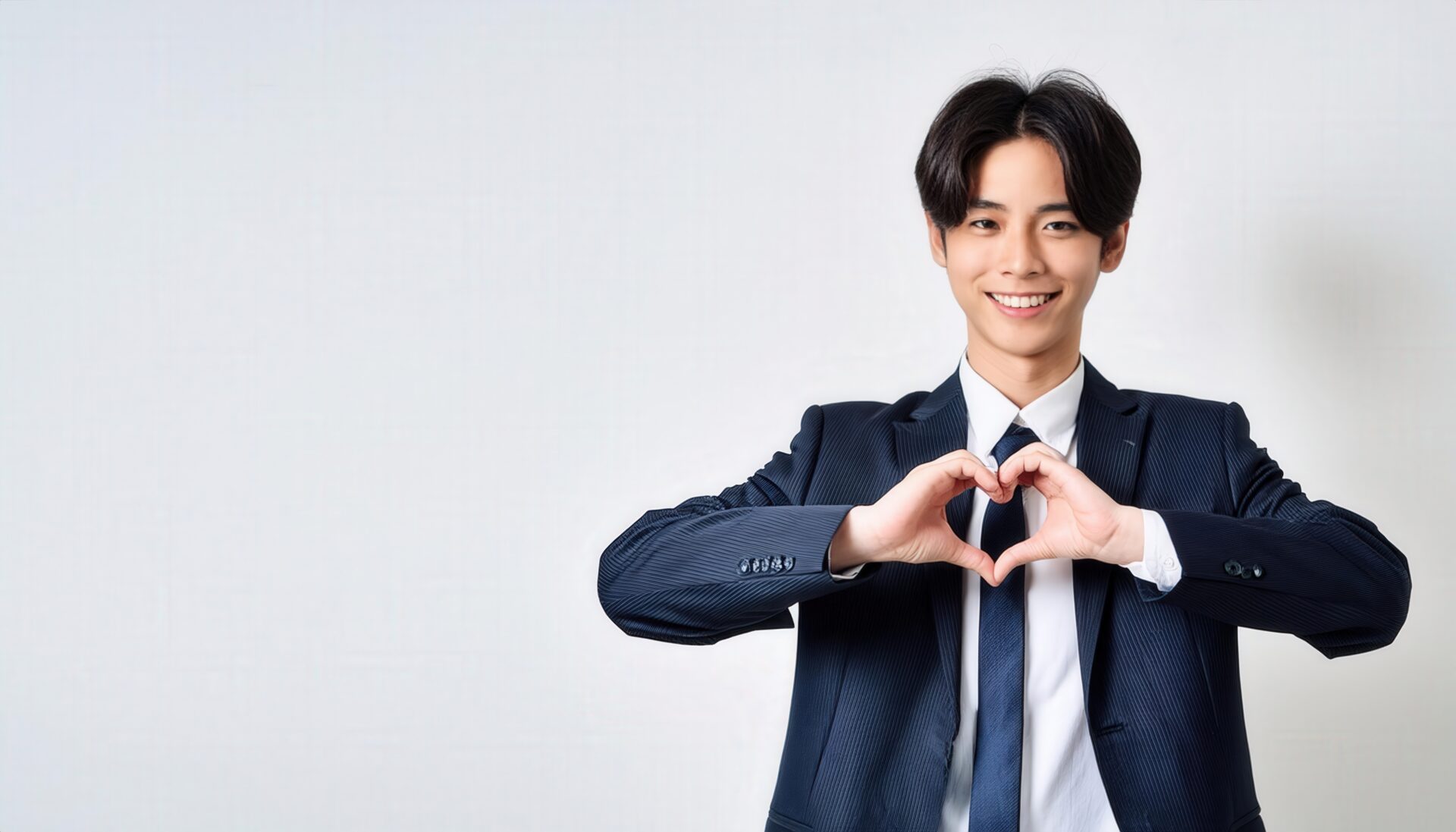 白背景でハートマークを作る若い男性（ネイビースーツ）