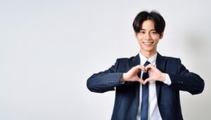 白背景でハートマークを作る若い男性（ネイビースーツ）