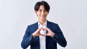 白背景でハートマークを作る若い男性（ブルースーツ）