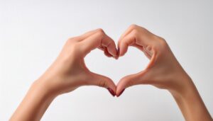 白背景でハートマークを作る手（アップ）
