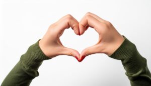 白背景でハートマークを作る手（グリーントップス）