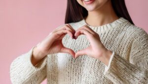 ピンク背景でハートマークを作る若い女性（ベージュニット）