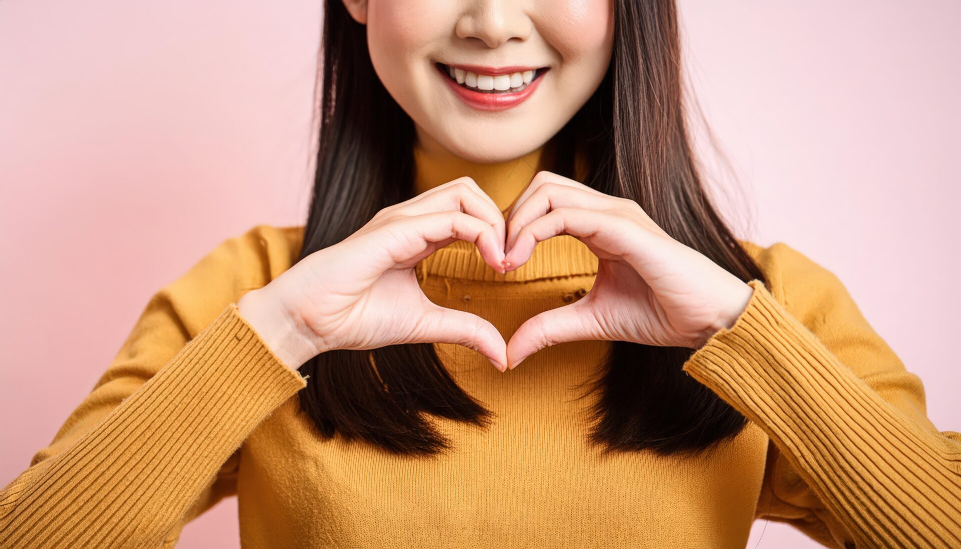 ピンク背景でハートマークを作る若い女性（マスタードトップス）