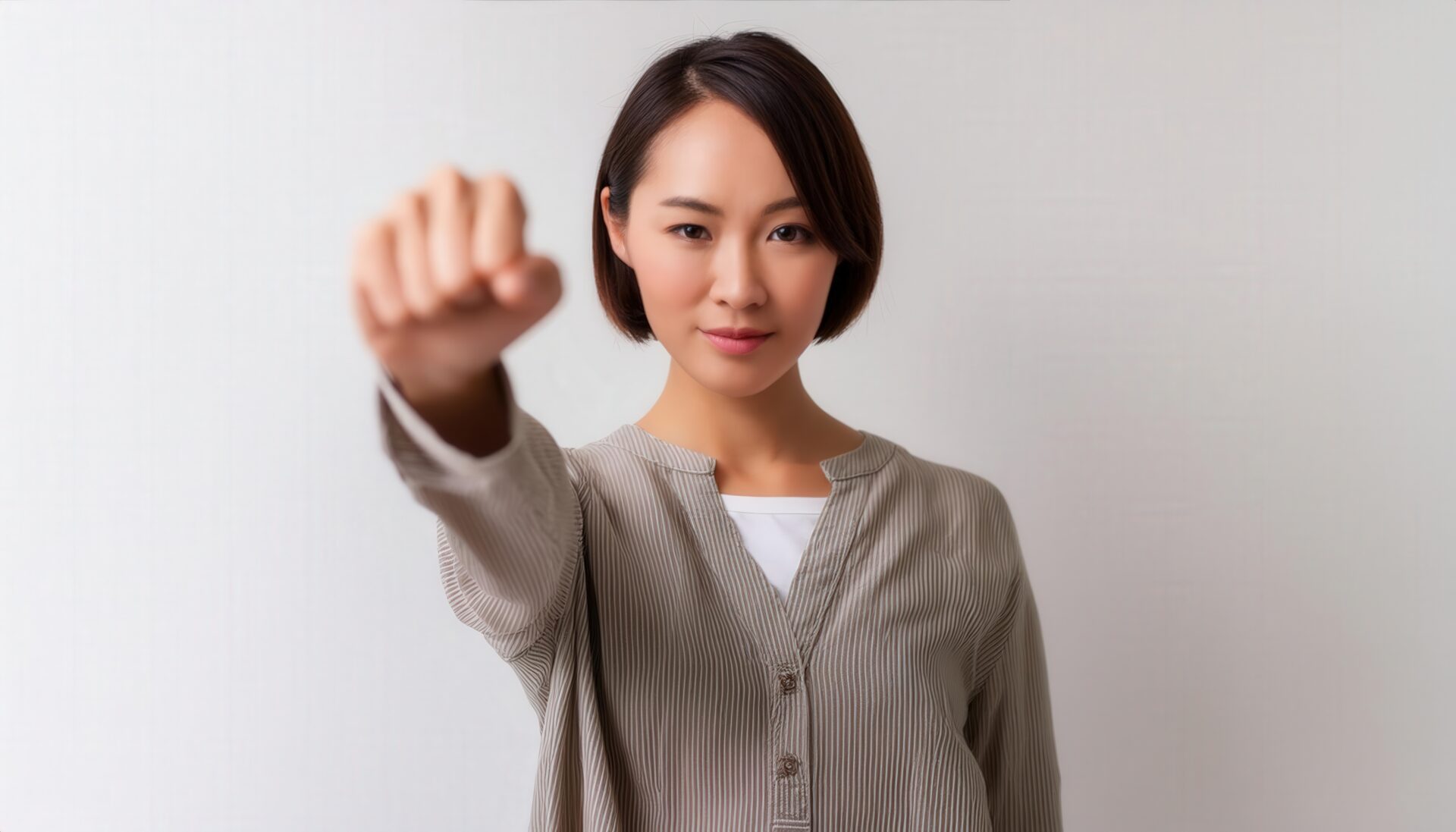白背景で拳を突き出す若い女性（ショートヘア）