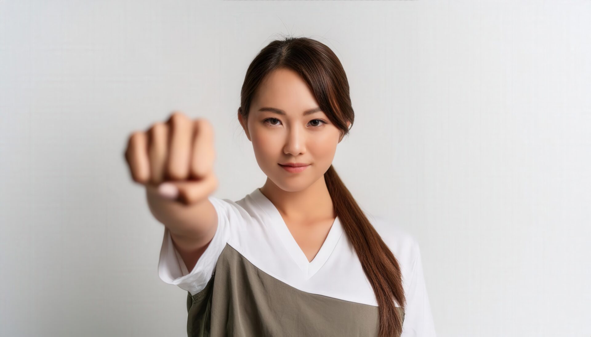 白背景で拳を突き出す若い女性（ポニーテール）