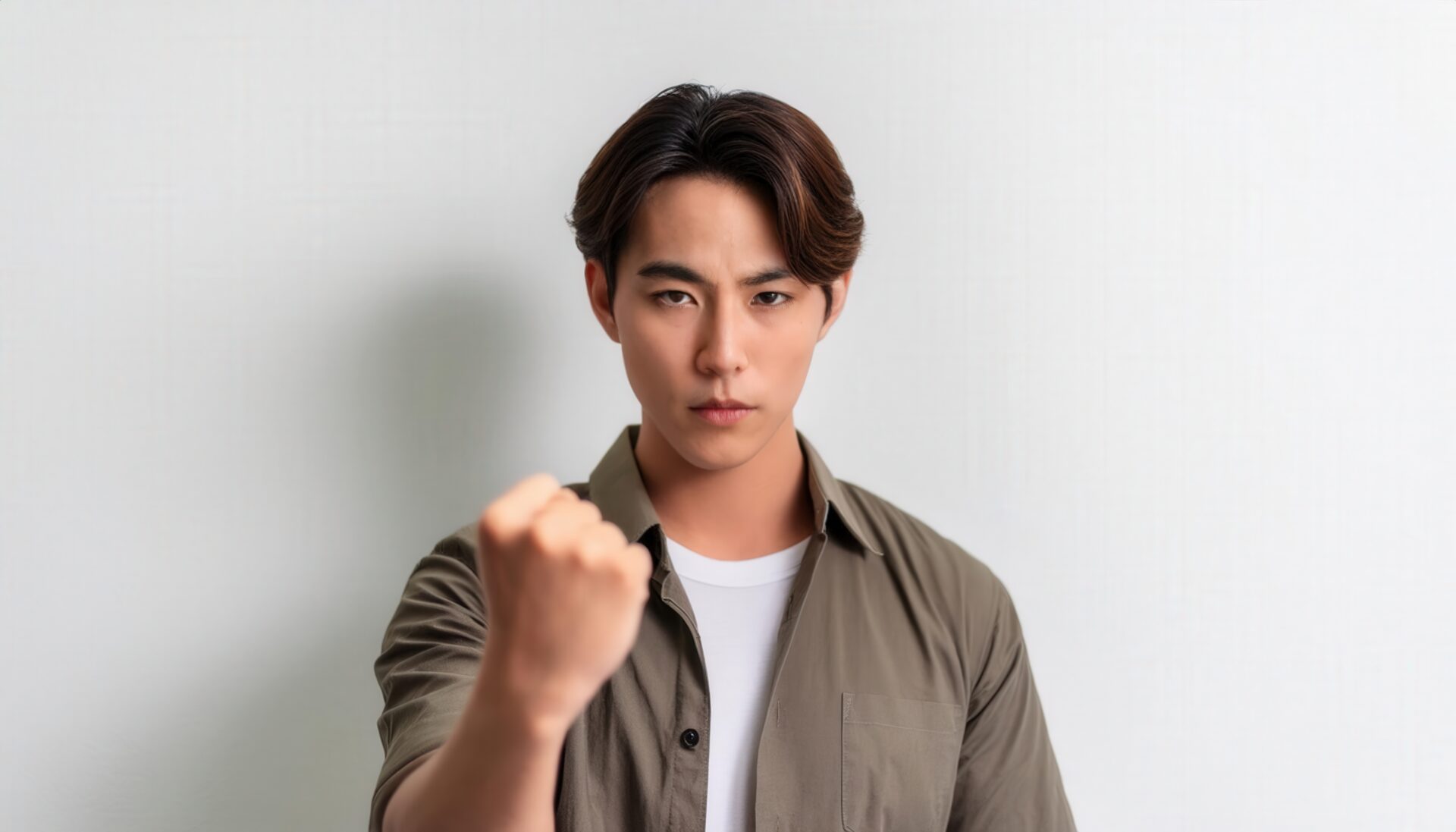 白背景で拳を突き出す若い男性（ショートヘア）