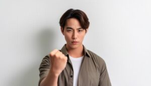 白背景で拳を突き出す若い男性（ショートヘア）