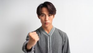 白背景で拳を突き出す若い男性（ショートヘア）