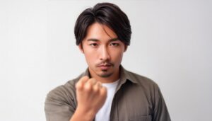白背景で拳を突き出す若い男性（ショートヘア）