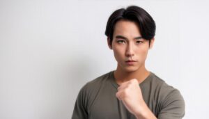 白背景で拳を突き出す若い男性（カーキトップス）