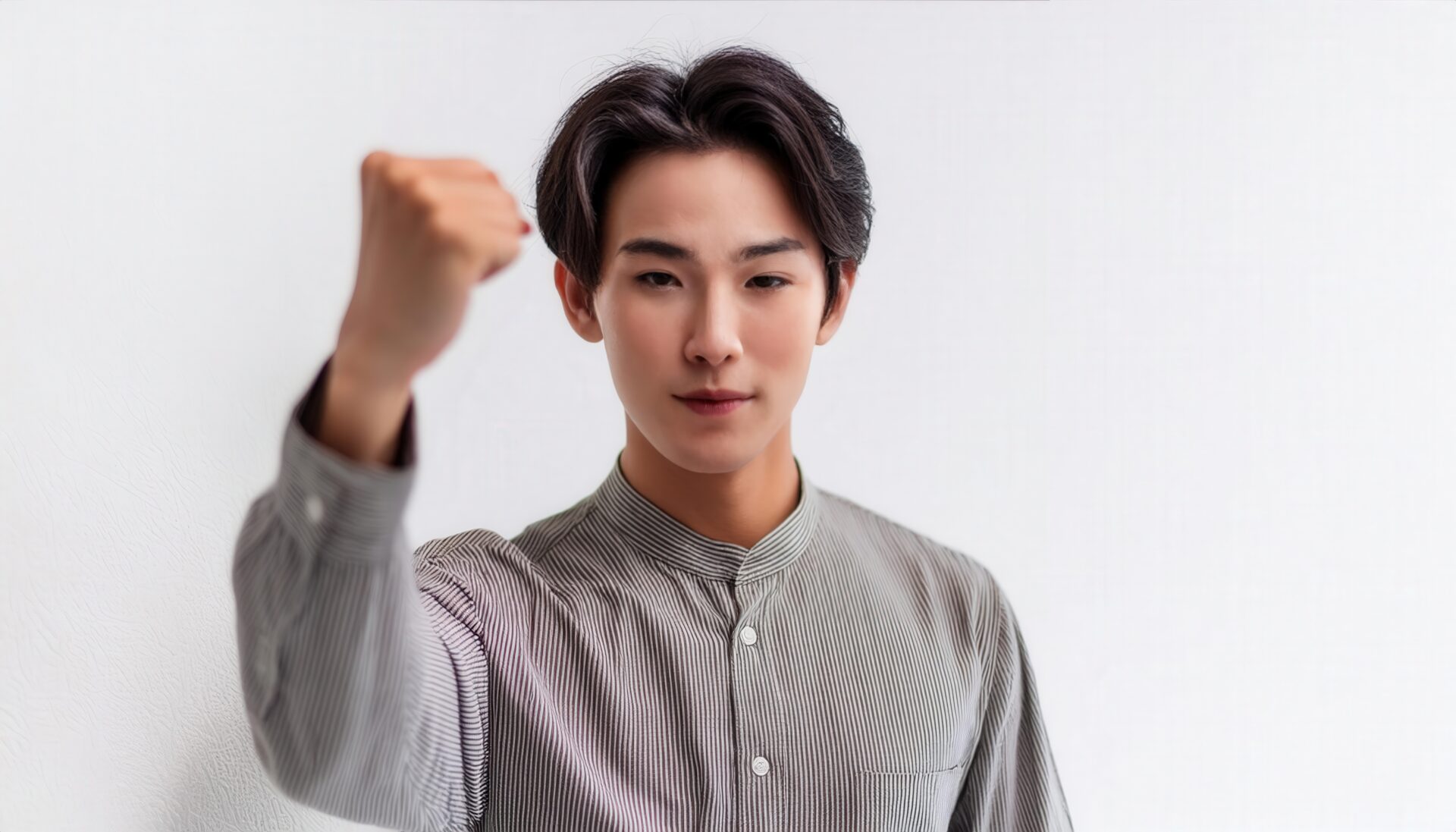 白背景で拳を突き出す若い男性（ストライプトップス）