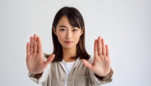 白背景で両手を突き出す若い女性（ボブヘア）