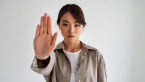 白背景で片手を突き出す若い女性（アップヘア）