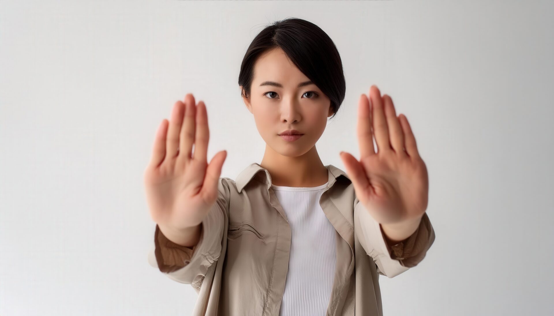 白背景で両手を突き出す若い女性（ポニーテール）