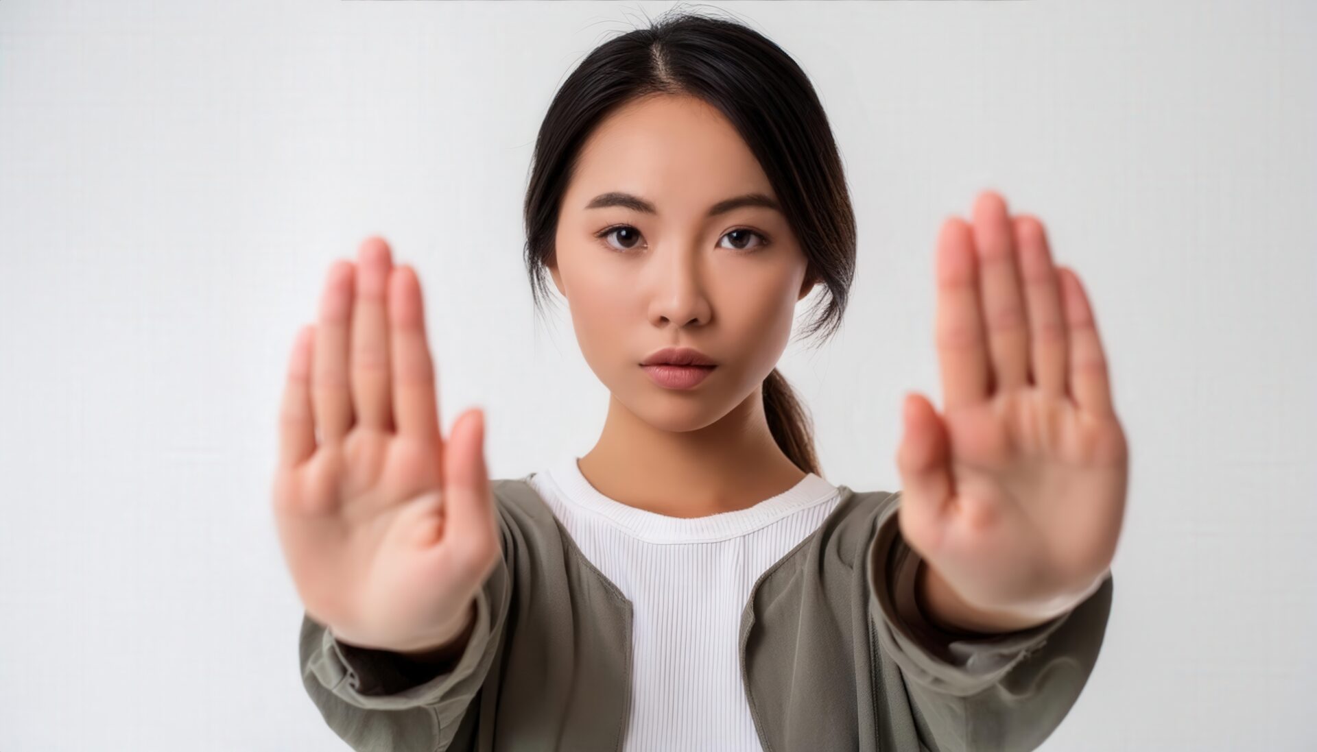 白背景で両手を突き出す若い女性（ポニーテール）