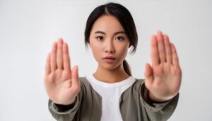 白背景で両手を突き出す若い女性（ポニーテール）