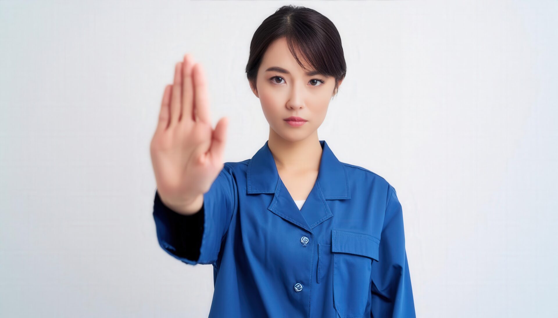 白背景でストップのポーズをする若い女性（ブルーの作業服）