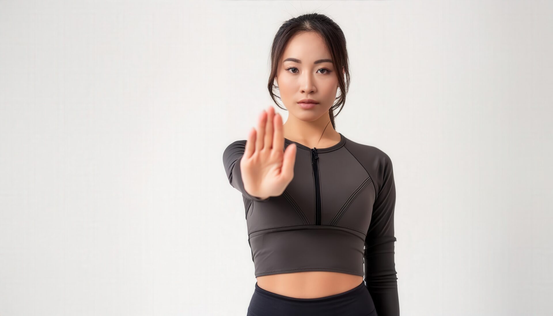 白背景でストップのポーズをする若い女性（スポーツウェア・ダーク）