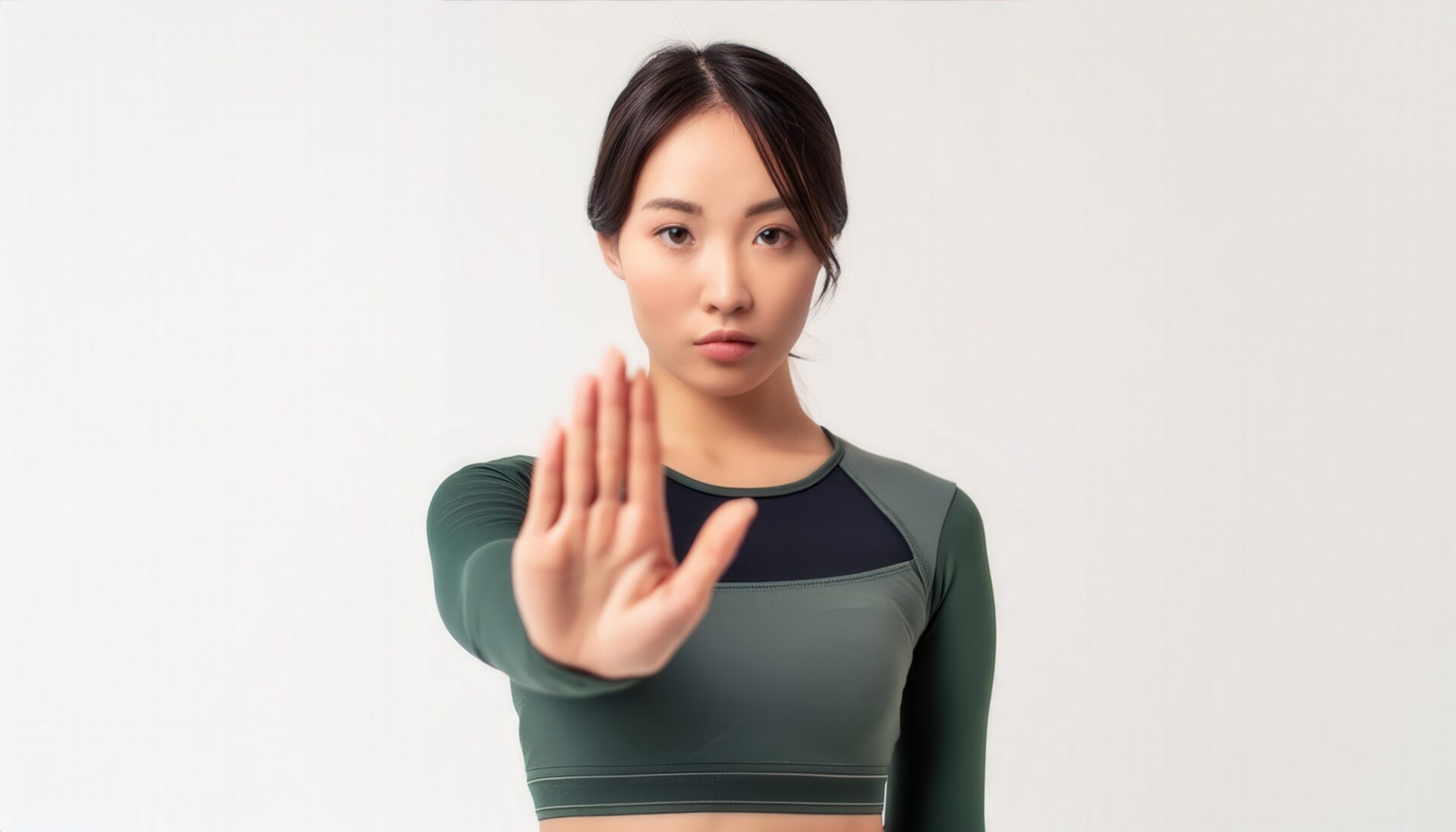 白背景でストップのポーズをする若い女性（スポーツウェア・グリーン）
