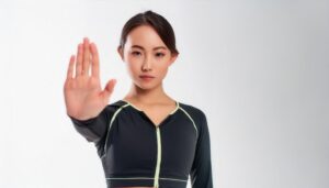 白背景でストップのポーズをする若い女性（スポーツウェア・ブラック）