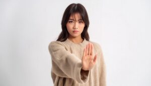 白背景でストップのポーズをする若い女性（ベージュニット）