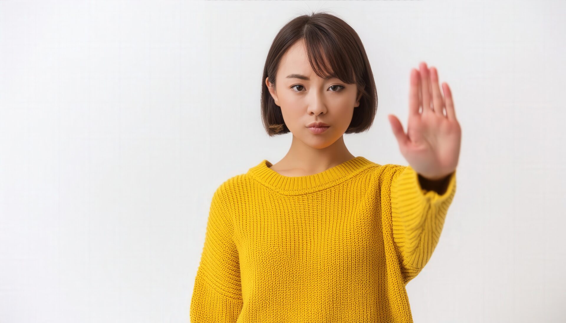 白背景でストップのポーズをする若い女性（イエローニット・ボブ）