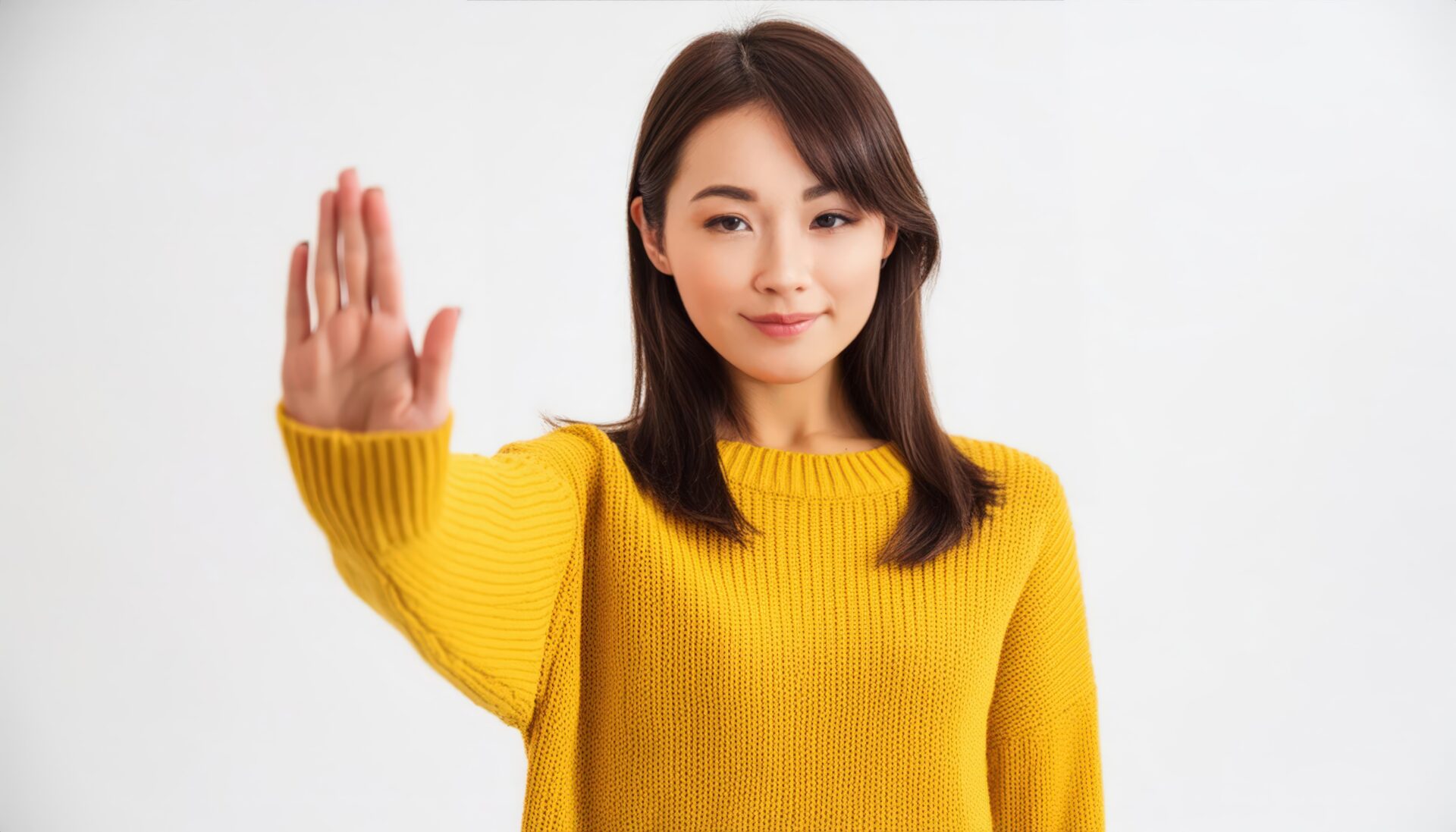 白背景でストップのポーズをする若い女性（イエローニット・ロング）