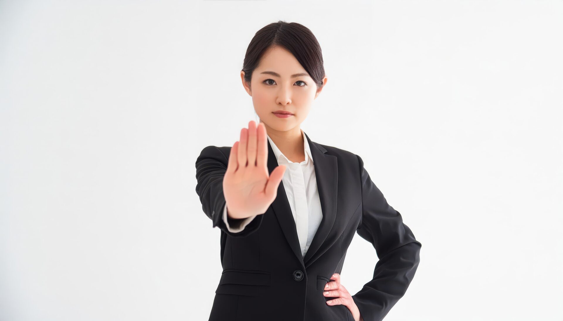 白背景でストップのポーズをする若い女性（ブラックスーツ）
