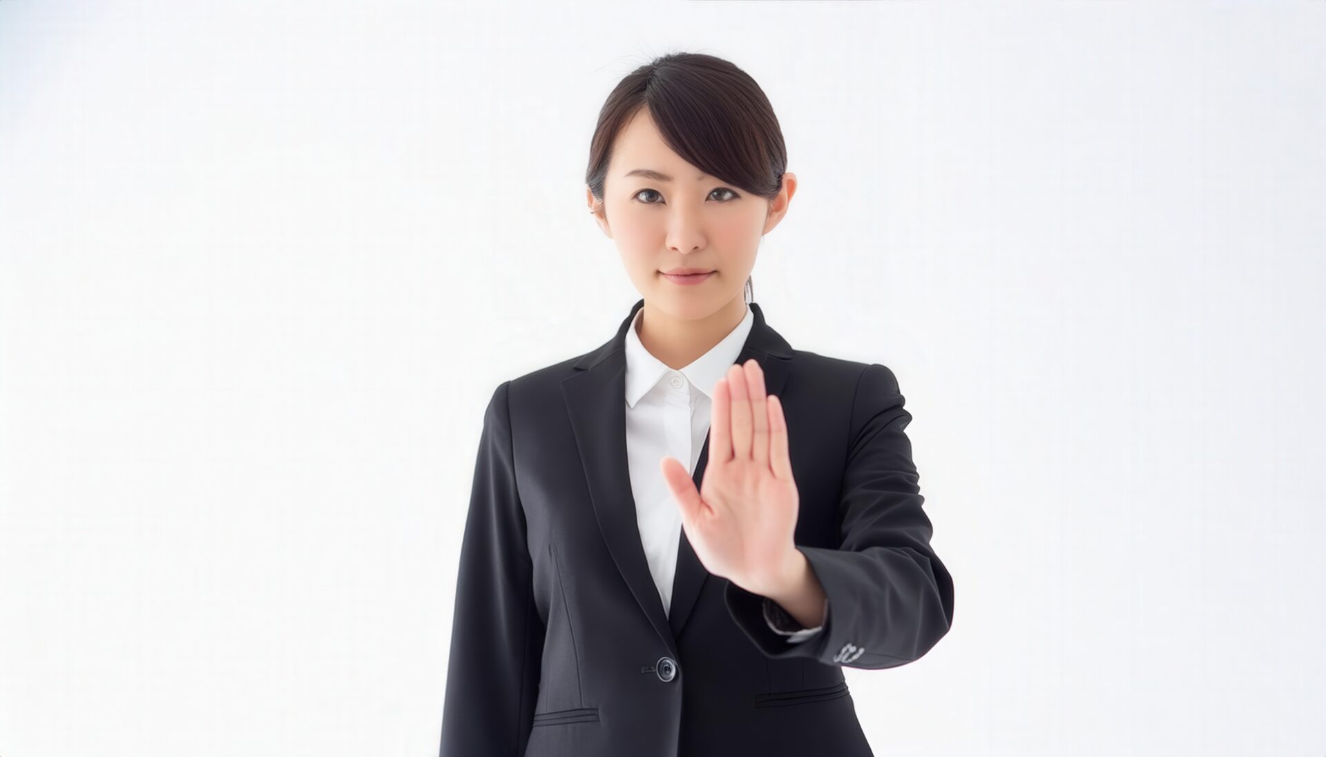 白背景で拒否の姿勢を見せる若い女性