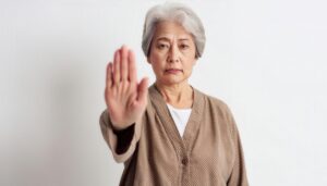 白背景で手のひらを前に突き出すシニア女性