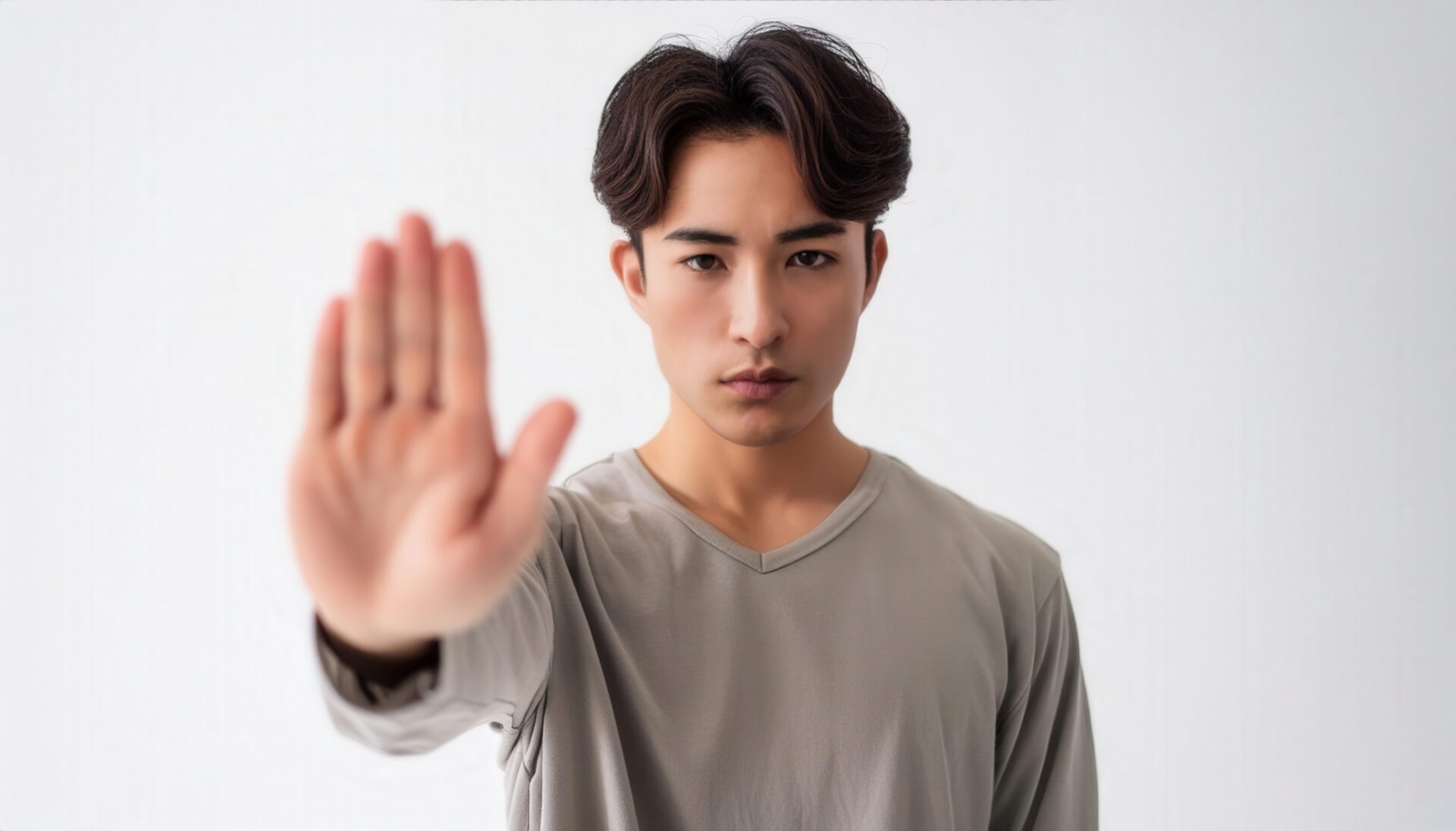 白背景で手のひらを前に突き出す若い男性（グレーTシャツ）