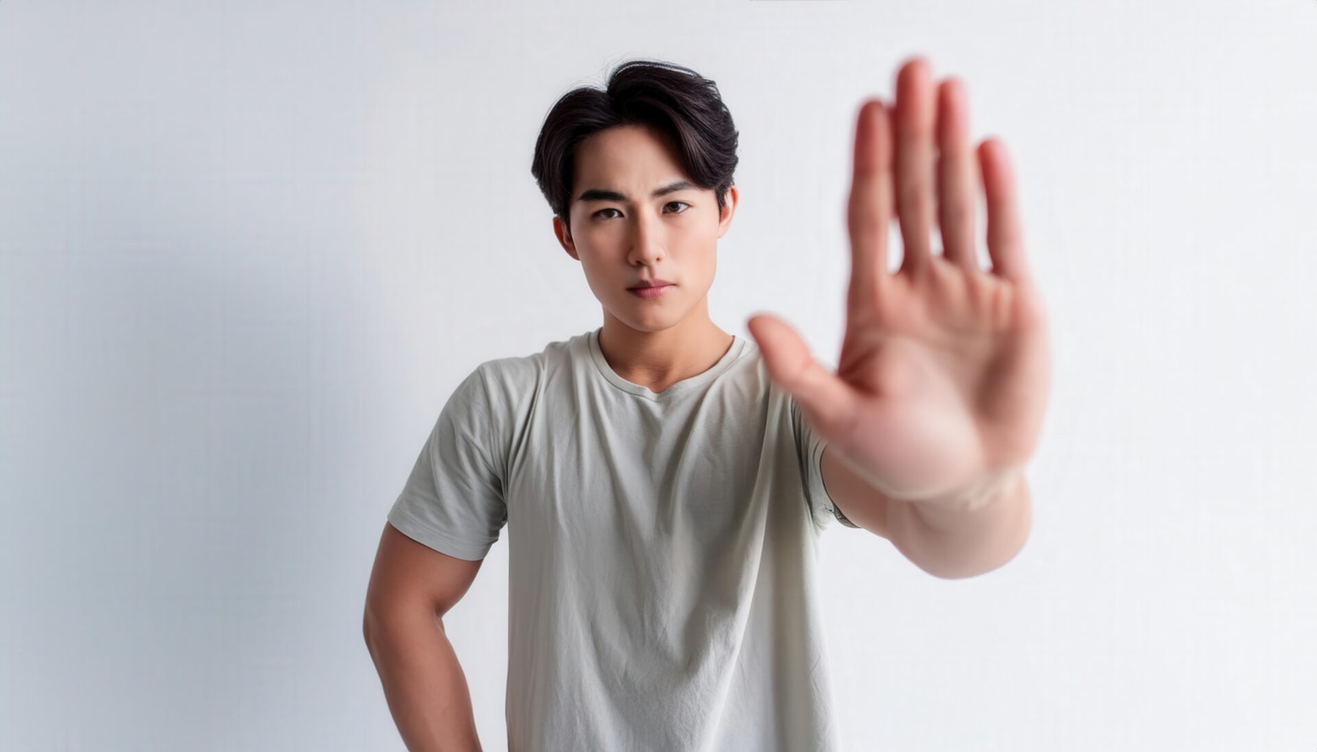 白背景で手を広げて制止を示す若い男性（グレーTシャツ）