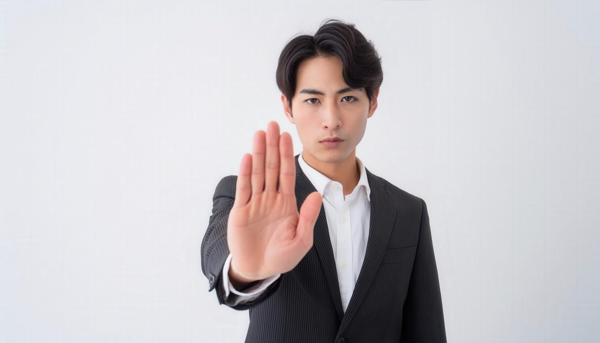 白背景でストップサインをする若い男性（スーツ）