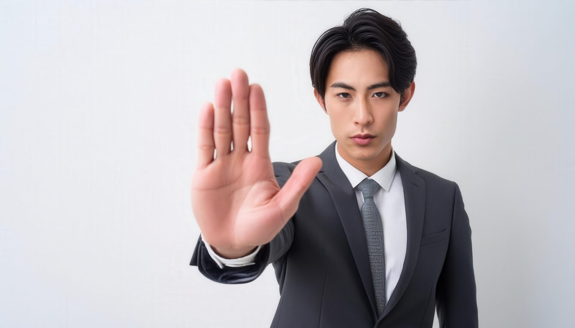 白背景で拒否のポーズをとる若い男性（スーツとネクタイ）