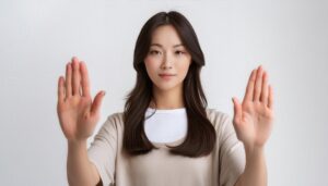 白背景で両手を前に出す若い女性