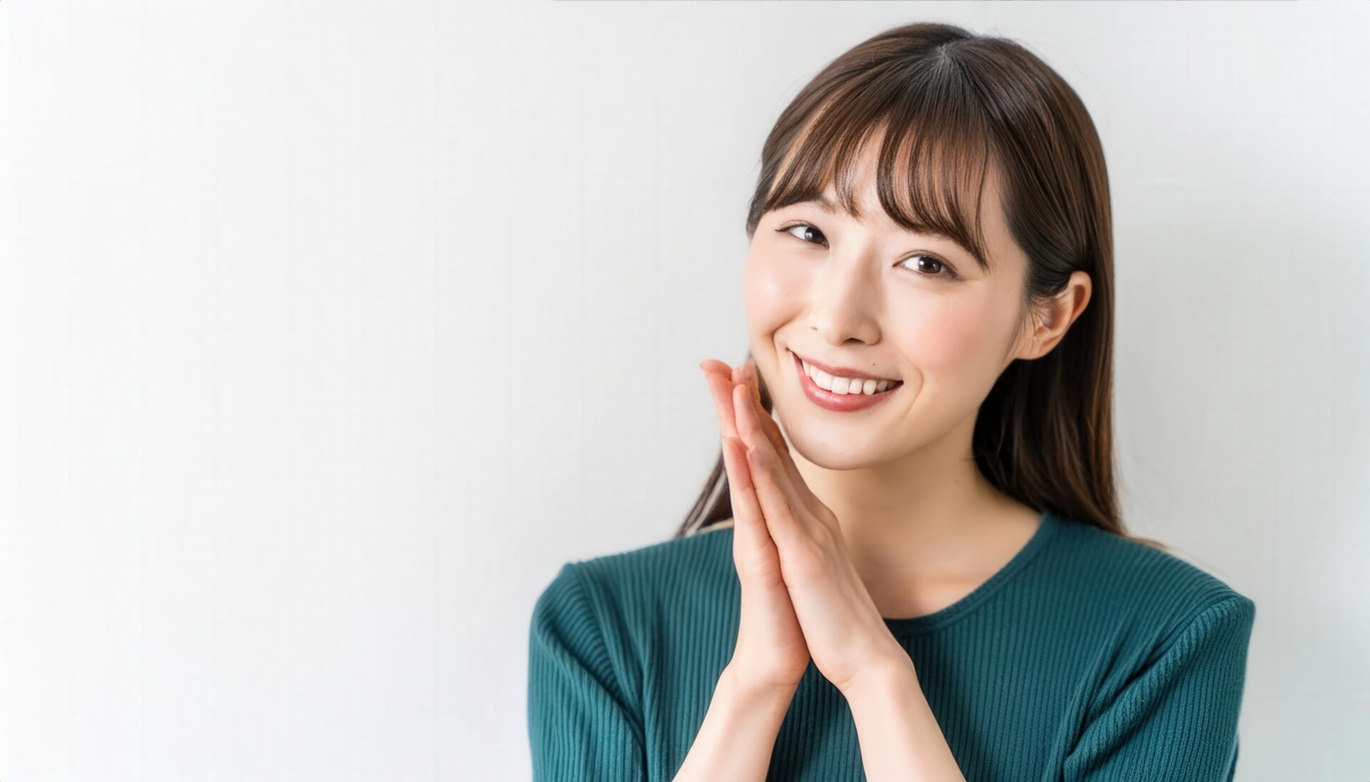 白背景で感謝のポーズをとる若い女性