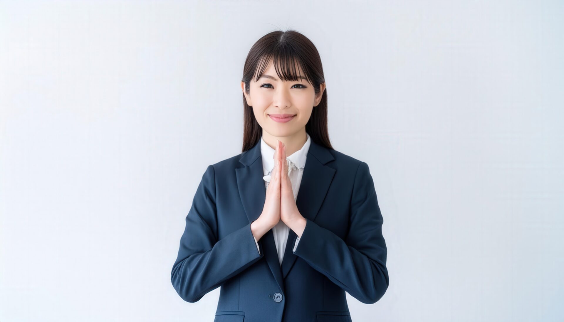 白背景で祈りのポーズをとる若い女性（スーツ）
