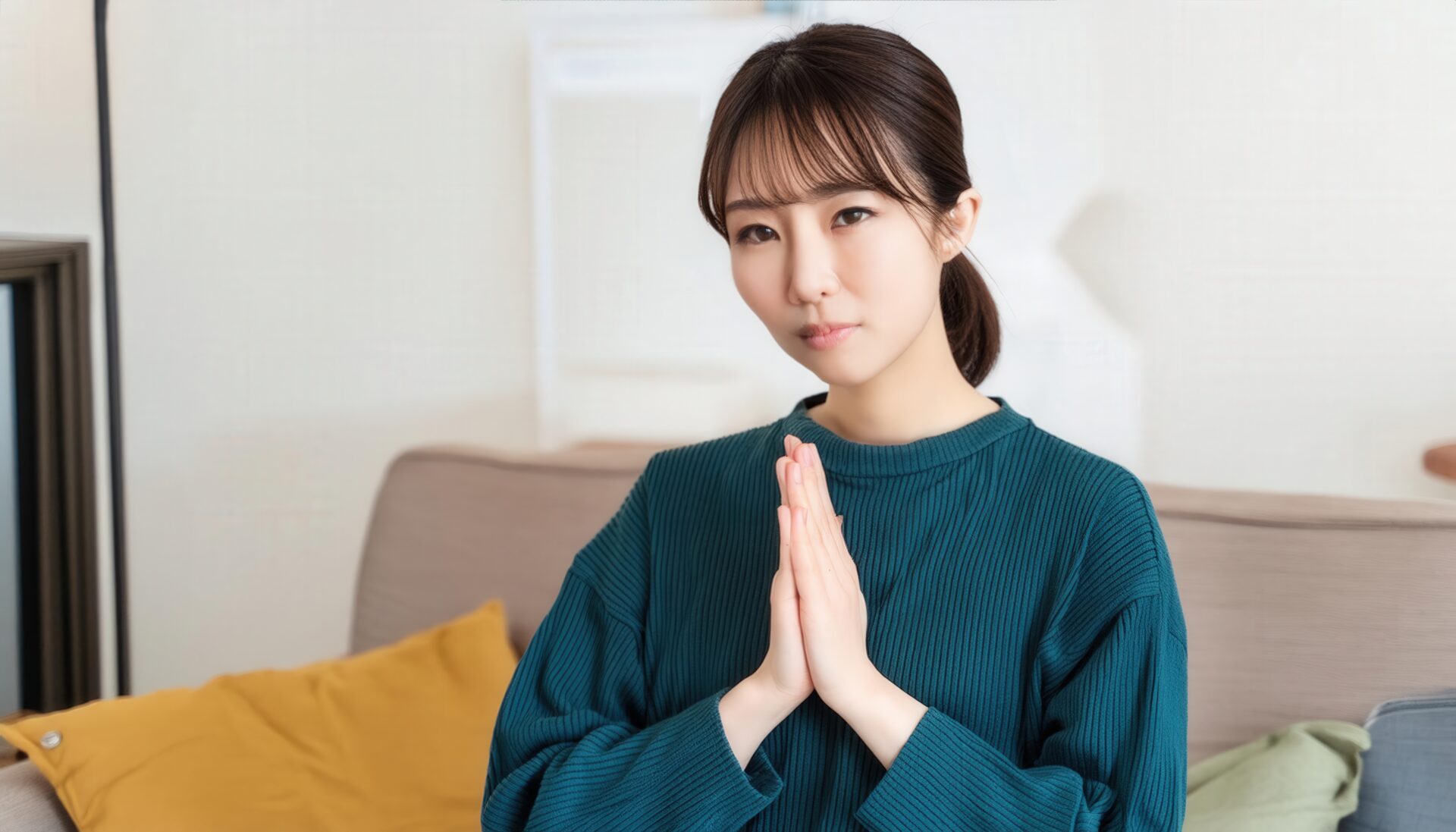 室内で合掌する若い女性（ブルーセーター）