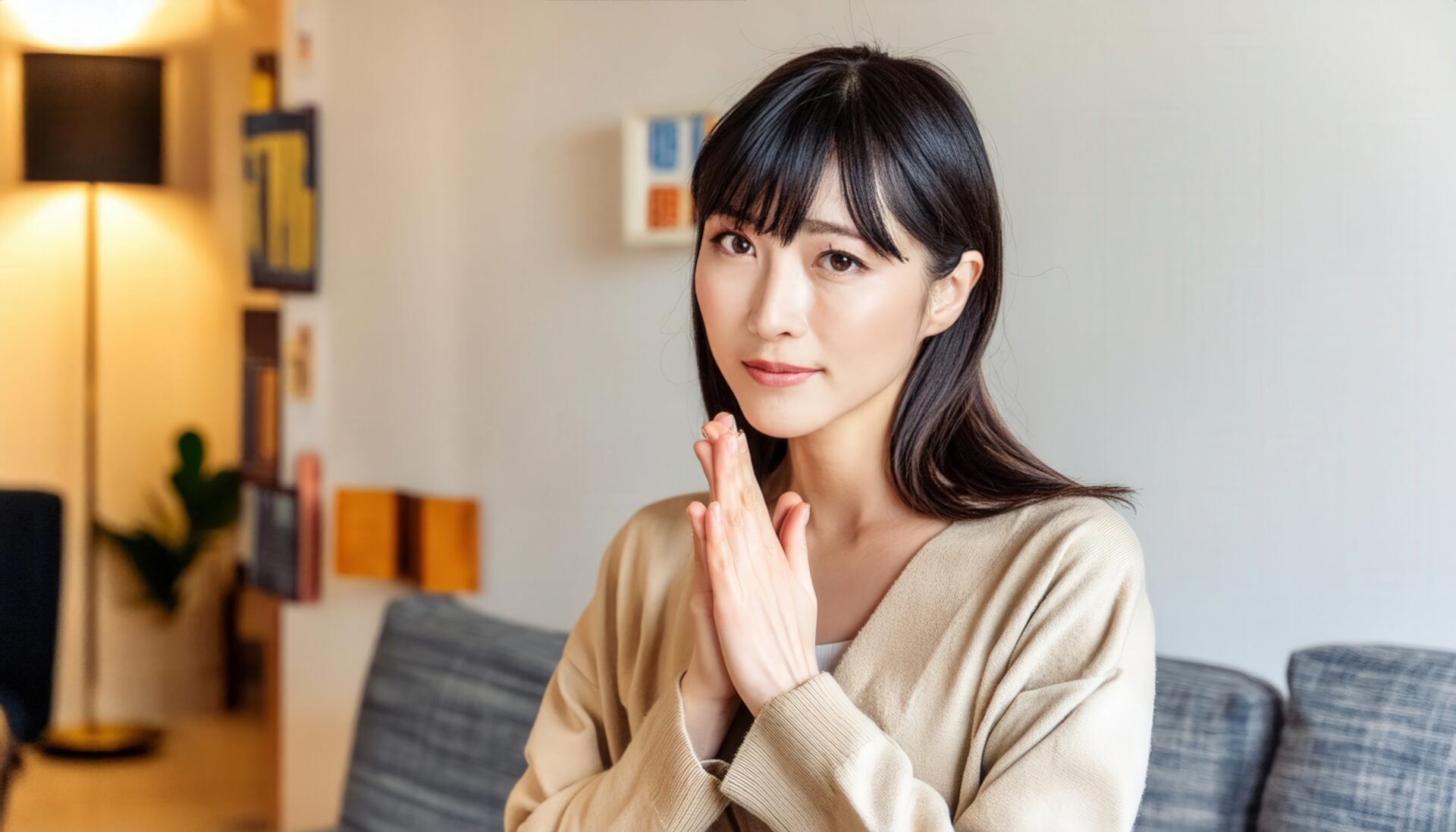 室内で祈りのポーズをとる若い女性（ベージュカーディガン）